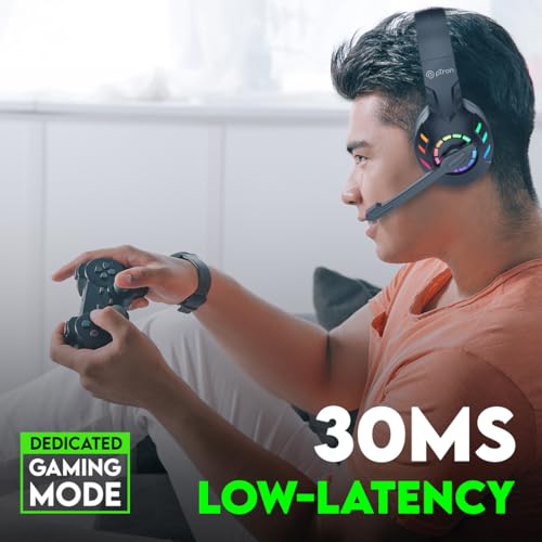 Image of pTron Studio Sports Wireless BT Gaming Over-Ear Headphones, 30MS Low-Latency for Thrilling Gaming Experience, RGB Lights, Boom HD Mic w /AI ENC, 60Hr Playtime, Punchy Sound, Type-C Fast Charging(Sable)