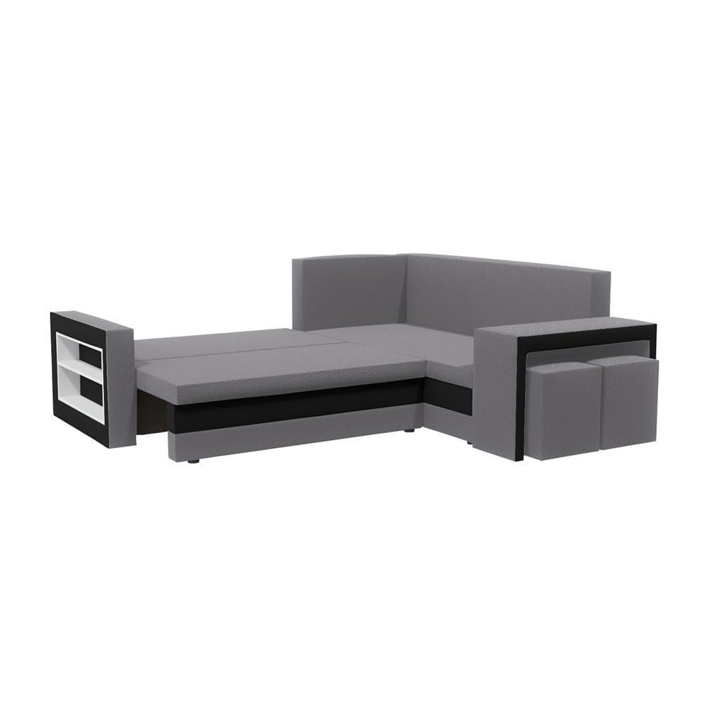 Malabo L Ecksofa mit Schlaffunktion und Bettkasten L-Form 220x202 cm – Sofa mit 2 Hockern, Regal im Seitenteil & Stauraum (Komfort, Grau-Schwarz)