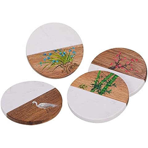 Marble and Wood Coasters - Delicate and Unique Coasters for Drinks, Home Decor Coasters Modern Wood Coasters, Marble Coasters Round for Tea Cups, Coffee Mugs and Beer Cans Cover