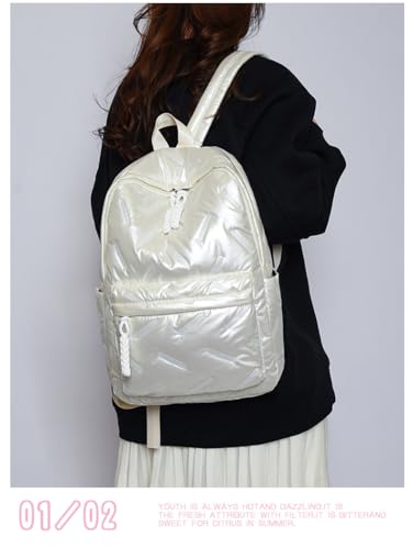Cute Puffer Backpack for Women, Trendy Puffy Shoulder Bag Fashion Quilted Padding Laptop Bookbag Travel Y2k Backpack (White)4