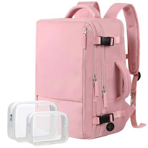 Hanples Travel Backpack for Women as Person Item Flight Approved, Large Carry On 17.3 Inch Laptop, Waterproof, Hiking, Casual Bag (Pink)