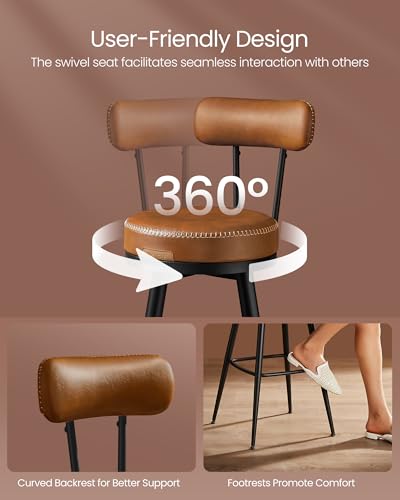Image of VASAGLE EKHO Collection - Bar Stools Set of 2, Swivel Counter Height Bar Stools with Back, Synthetic Leather with Stitching, Mid-Century Modern, 25.6-Inch Tall Barstools, Caramel Brown ULBC089K01V2