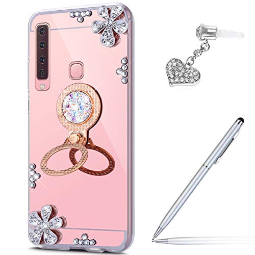 Case for Galaxy A9 2018 Diamond Case,Crystal Inlaid diamond Flowers Rhinestone Diamond Glitter Bling Mirror Back TPU Case & Ring Stand + Touch Pen Dust Plug for Galaxy A9 2018 Mirror Case,Rose Gold