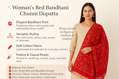 Image of Traditional Bandhani Red Chunni Dupatta for Women | Cotton, Bandhej Printed, Ethnic Festive & Casual Wear Stole, Length 2 mtr., Pack of 1