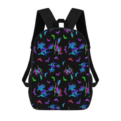 Colorful Neon Bats Witches Backpack Simple Leisure Travel Backpack Outgoing Daypack 17 Inch