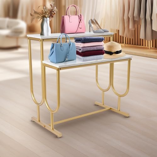 2-Tier Display Stand for Clothing, Shoes, Bags, Hats, Cosmetics, Jewelry, Crafts, Flowers, Food - Countertop for Retail Store Showcase, Gold Finish