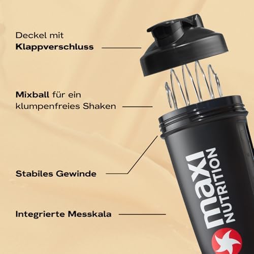 MaxiNutrition Protein Shaker for Protein Drinks, 700 ml, Black, with Stainless Steel Ball, Lump-free Shake, Click Closure - 1