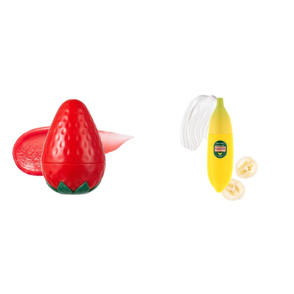 TONYMOLY Mini Strawberry Lip Balm - Hydrating Tinted Lip Balm with Strawberry Extract, Shea Butter & Vitamin E and TONYMOLY Banana Hand Cream - Banana Extract, Milk Protein & Shea Butter Bundle