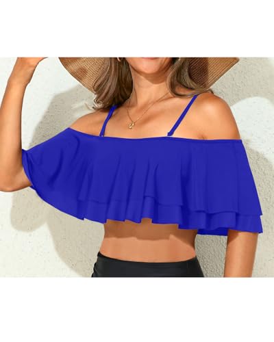 Women Ruffle Bikini Top Royal Blue Double Layer Flounce Swimsuit Off Shoulder Bathing Suit top Only L - Image 4