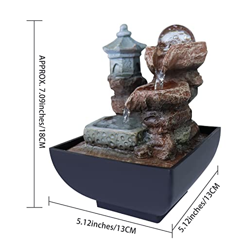 Shjade 3-Tier Tabletop Fountain, Indoor Desktop Waterfall With Led Light, Relaxation Fountains With Adjustable Water Automatic Pump And Decorative Bubble Ball #TOP3