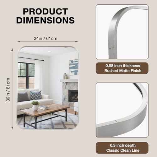 24x32 Inch Bathroom Mirrors for Over Sink, Brushed Nickel Rectangle Mirror for Bathroom or Entryway, Wall Mounted Vanity Mirror with Aluminum Alloy Frame&Tempered Glass, Hangs Horizontally/Vertically by MZON - Used condition - Image 5