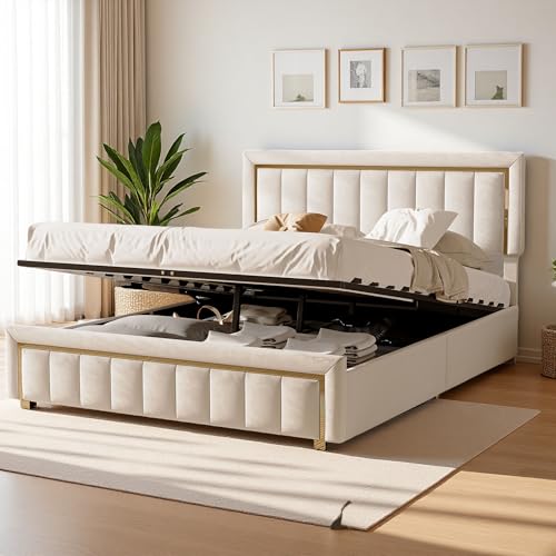 Yeutre Lit Coffre 160x200, Lit 2 Places Capitonnée avec Coffre de Rangement Hydraulique et Sommier à Lattes, Tête de Lits Rembourré, Lits 2 Personnes avec Rangement...