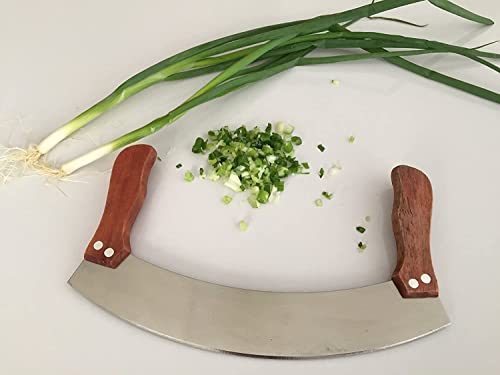 Image of Baskety Mezzaluna Rocking Vegetable Chopper and Mincing Knife, Stainless Steel Blade with Wooden Handles