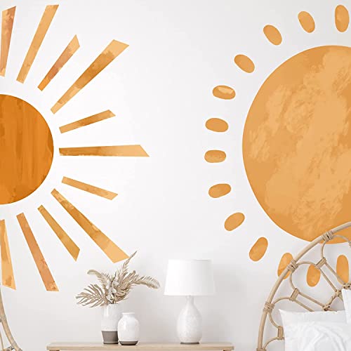 2 Pcs Big Boho Half Sun Wall Decals Peel And Stick, Oppro Large Watercolor Boho Sunshine Vinyl Wall Stickers Waterproof, Removable Sunrise Wall Decal Decor For Kids Baby Room Playroom Nursery Decoration #TOP1