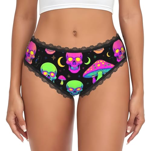 Supdreamc All-match Casual Lace Panties Trippy Moon Skulls Mushrooms, Ladies Elastic Low Rise Soft Touch Fashion Underwear, Medium