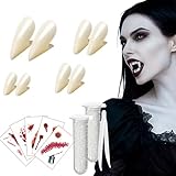 Conception: 13 pièces avec une combinaison riche, 4 paires de prothèses couvrant différentes tailles (s'adaptent aux dents des adultes et des enfants), simulation de modélisation (crocs, crocs, etc.) pour répondre aux divers besoins d'image de Vampire; 2 tubes de colle dentaire avec des brucelles pour un collage précis des prothèses dentaires; 5 autocollants de tatouage avec des taches de sang, des rayures et d'autres éléments effrayants, le style aléatoire ajoute une sensation de surprise.