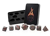 Forged Dice Co. Metal Polyhedral Dice (Set of 7 Polyhedral w/Tin, Iron w/Orange Numbers Set of 7 Polyhedral w/Tin)