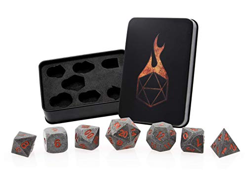 Forged Dice Co. Metal Dice Set - Polyhedral Dice Set of 7 with Dice Storage Tin and Stickers - Metal DND Dice and Gaming Dice for Dungeons and Dragons RPG Games Iron w/Orange Numbers