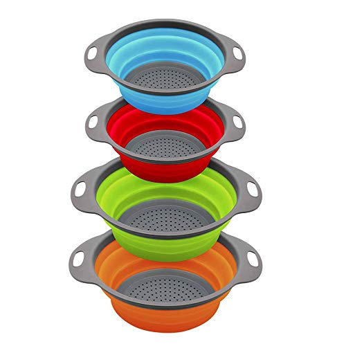 Colorful Collapsible Kitchen Strainer/Colander, Set of 4 Silicone Kitchen Space-Saver Folding Strainer, Perfect for Draining Pasta, Vegetable (Red+Blue, Orange+Green)