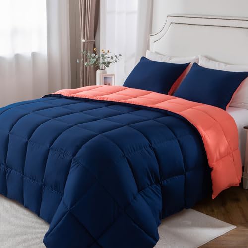 KASENTEX Queen Comforter Set – Reversible Dual Color – Goose Down Alternative – Ultra-Soft, Lightweight, Machine Washable, Maintain Fluffiness, All Season Warmth (Navy/Coral) Queen Navy/Cora