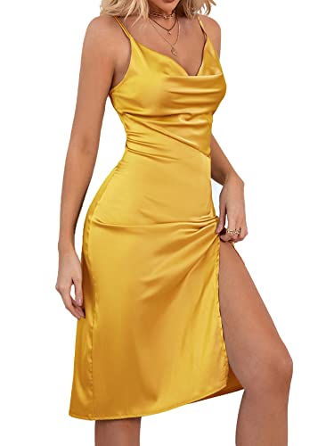 LYANER Women's Satin Drape Cowl Neck Sleeveless Strappy Cami Split Slit Cocktail Party Midi Dress Ginger X-Small