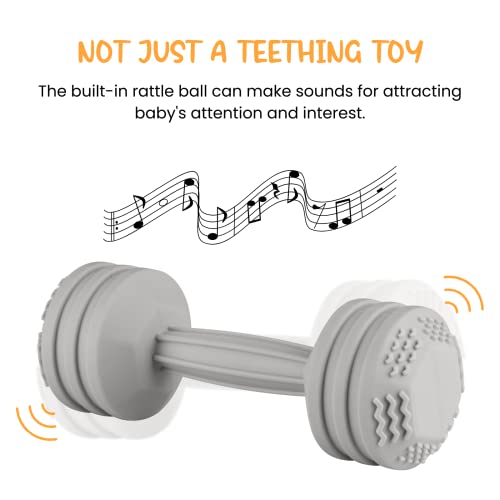 Image of Baby Dumbbell Silicone Teether - Weight Rattle Sensory Toy for Babies and Toddlers - Great Gift for Girls or Boys (Gray)