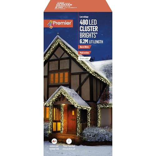 Premier Decorations 480 Multi Action Indoor & Outdoor Christmas Cluster LED Lights with Timer - White