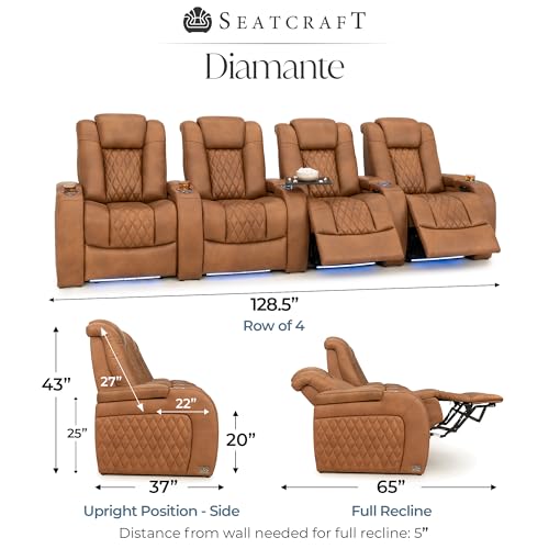Image of Seatcraft Diamante Tawny Italian Leather Home Theater Seating, Zero Gravity Power Recliner Gaming and Home Office Chair, Powered Headrest Lounge Sofa Furniture for Cinema Room, Row of 4