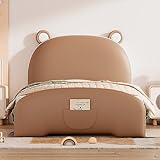 KLMM Cute Twin Size PU Leather Upholstered Platform Bed with Bear-Shaped Headboard and Footboard for Kids Boys Girls (Twin, Brown+White@Bear-Shaped)