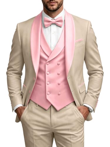 NQGGS Slim Fit 3 Piece Men Suit Notch Shawl One Button Tuxedo Pink L