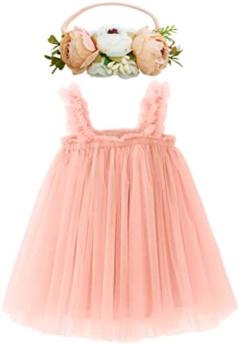 BGFKS Layered Tulle Tutu Dress for Toddler Girls,Baby Girl Rainbow Tutu Princess Skirt Set with Flower Headband.(Peach,18 Months)