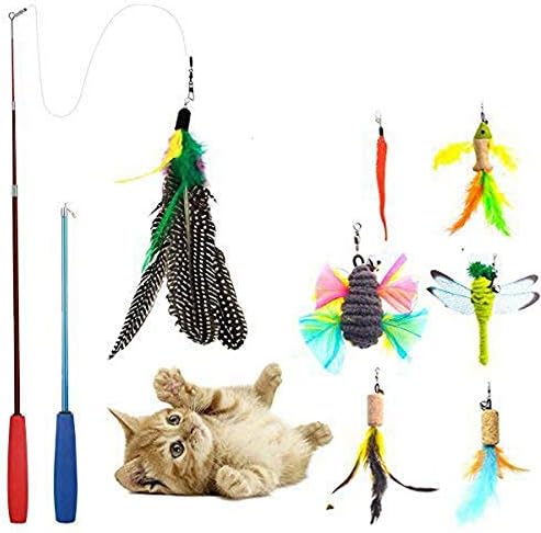 JTEEY Cat Toys Interactive,9 Packs Retractable Cat Toy Wand, Cat Feather Toy, Assorted Refills Teaser Exerciser Wand Toy Set,Fish Bird Butterfly Dragonfly Worm