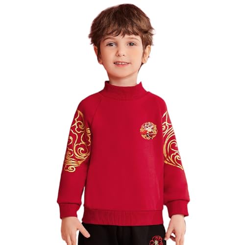 Chinese new year children's winter fleece-lined sweater red festive warm fashion sports top