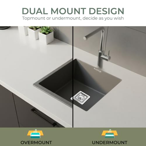 Image of BASINQU Quartz Sink for Kitchen | 18x16x9 Inches Grey Single Bowl Kitchen Sink | Granite UV Protected, Granite Scratch Resistant, Undermount /Topmount