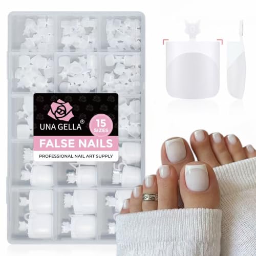 Image of UNA GELLA French Press On Toenails Milky White, 15 Sizes Pre-Etched Sharp Square Toenail Press Ons With White Tip for Women, 150PCS Toenail Extension for Home DIY Salon Pedicure Summer Gift