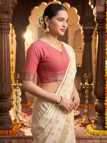 Image of Studio Shringaar Women's Handloom Cotton Stretchable (Smocked) Saree Blouse with Temple Zari Border