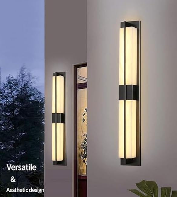 LED Outdoor Wall Lights Fixture Lamps. Modern Elegant Acrylic lampshade with Marble Texture, Aluminum Body. Exterior Black Sconce Wall Lantern IP65 Waterproof Anti Rust. (Modern LED Black 18''H, 9W)