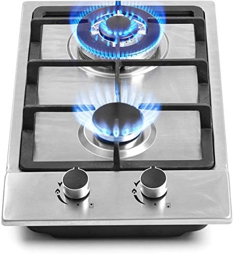 12" Gas Cooktops, 2 Burner Drop-in Propane/Natural Gas Cooker, 12 Inch Stainless Steel Gas Stove Top Dual Fuel Easy to Clean (12Wx20L)