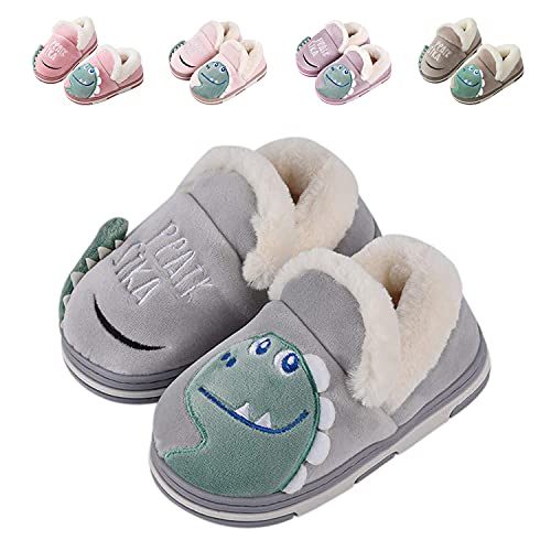 DRECAGE Boys Girls Winter Slippers Toddler Dinosaur Slippers for Kids Warm Plush Anti-Slip House Shoes Grey 4/5 UK Child(Label Size 14-15)