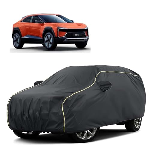 Image of Sulfar 100% Water Resistant Car Body Cover Compatible with Mirror for Mahindra BE 6 (Triple Stitched, Full Bottom Elastic, Dark Grey Tafetta with Yellow Piping)