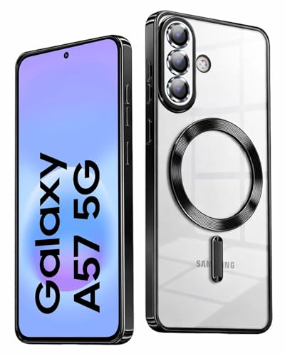 Image of VONZEE Clear Logo Electroplating Transparent Back Case for Samsung Galaxy A57 5G, Magnetic Plating Electroplate TPU Cover, Individual Camera Protection for Each Lens- Black