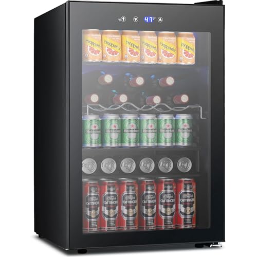 COWSAR Beverage Refrigerator, 145 Can Mini Fridge Glass Door for Soda Beer, ETL Approved Stainless Steel Wine Fridge with Temperature Display, LED Light for Home, Office, Bar, 4.5 cu.ft by COWSAR - Used condition - US$246.79