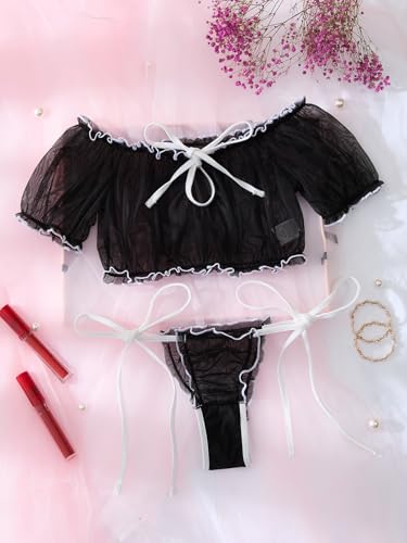 Image of Lilosy Sexy Stretch Ruffle Tie Sheer Mesh Lingerie Set Outfits