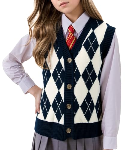 Boys Girls Sweater Vest -V Neck Argyle Sleeveless Print Casual Knit Sweaters Cardigan Vest for Kid Spring Autumn