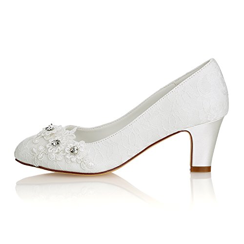 Emily Bridal Wedding Shoes Closed Chunky Heel Lace Satin Pumps with Lace Flower Rhinestone Bridal Shoes2