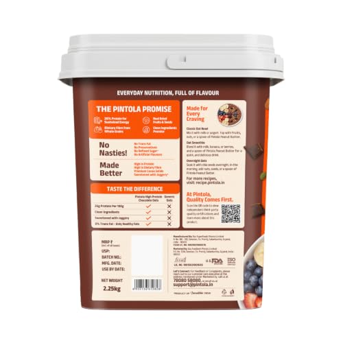 Image of Pintola 26g High Protein Oats 2.25kg, Dark Chocolate, No Refined Sugar, with Almonds, Raisins, Pumpkin & Chia Seeds, 9.6g Fibre, Rolled Oats for Weight Loss, Breakfast Cereals | Gluten Free