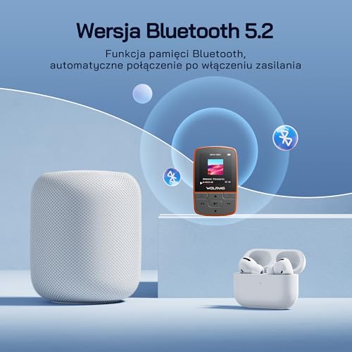 WOLFANG Odtwarzacze MP3 z Bluetooth 5.2, klips sportowy, mini rozmiar, waga 28 g, radio FM HiF, dyktafon, słuchawki w zestawie, pomarańczowe