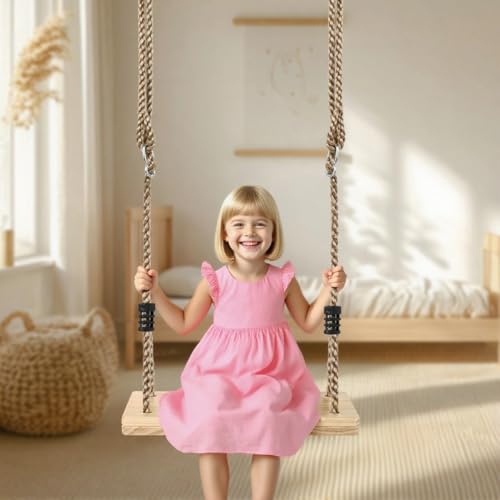 BOPEUY Holz Schaukel Outdoor bis 170 kg, Holzschaukel iIndoor mit Verstellbarer Schnur, Schaukelsitz Erwachsene Kinder, Schaukelbrett für Garten, Terrasse, Balkon （40 * 16 * 3cm）