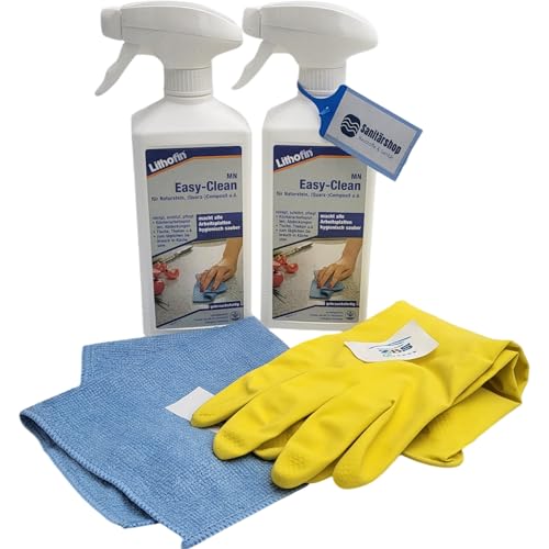 zbs24 Lithofin MN Easy-Clean Sprühflasche, Reiniger für Küchenarbeitsplatten, Tische und den Sanitärbereich, Set mit Handschuhen und praktischem Mikrofasertuch 30x30cm (2 x 500ml)