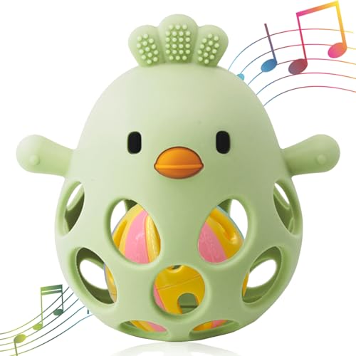 Image of Baby Teething Chick Toy, Upgraded Easy Grasp Silicone Teething Rattle Ball Toy for Babies Over 3 Months, 100% Food Grade, Gift for Infant Boys and Girls 0-6-12 Months (Green)